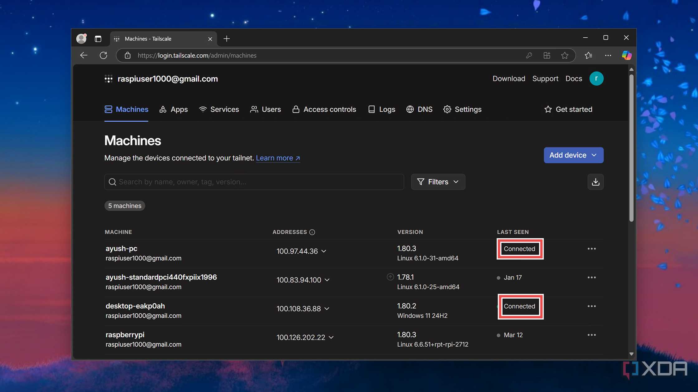 The Tailscale Dashboard showing connected next to the server and client machines