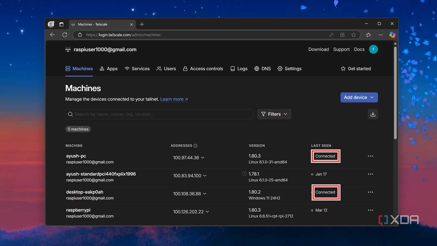The Tailscale Dashboard showing connected next to the server and client machines