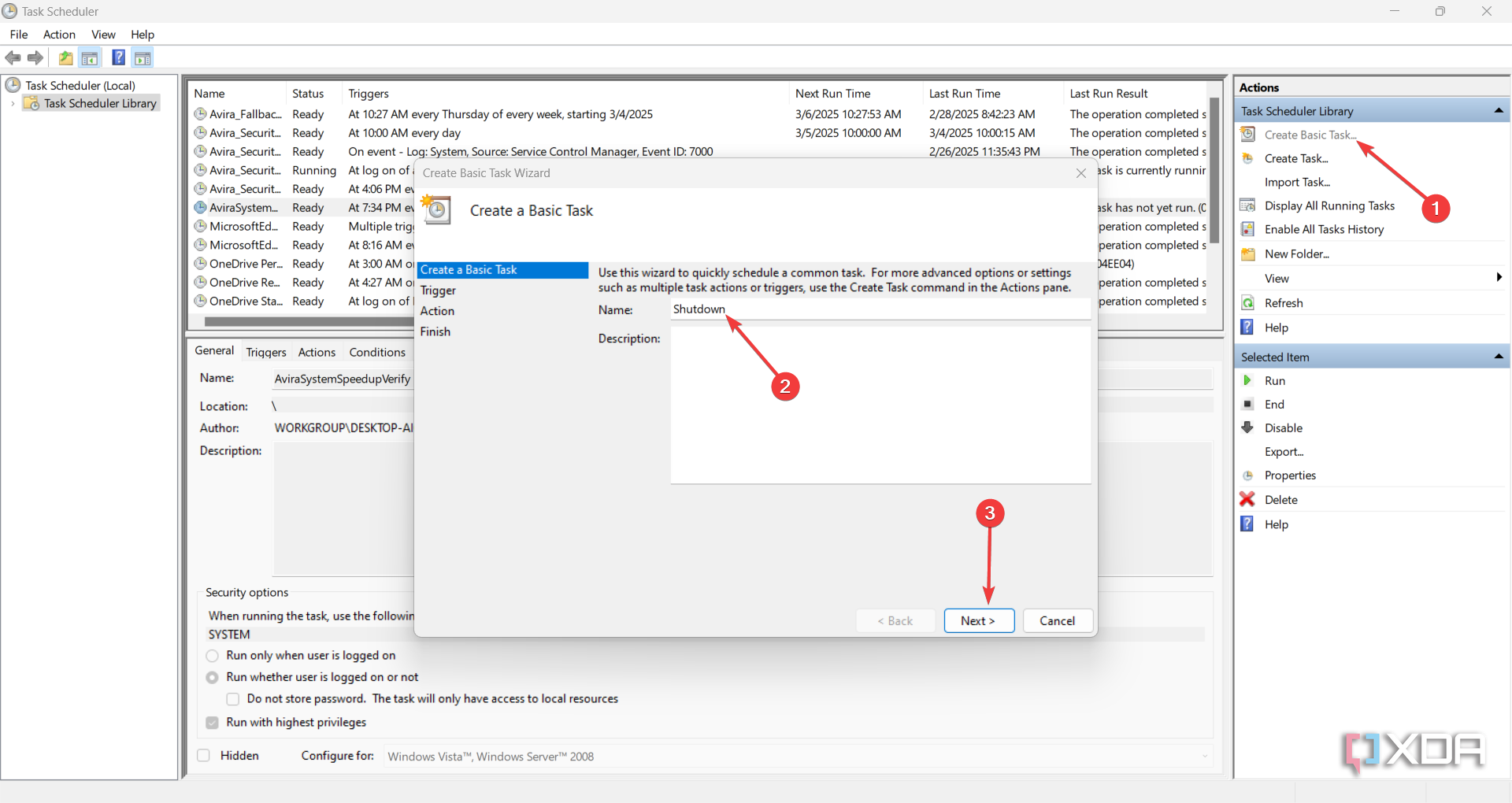Instructions on starting a basic task in Task Scheduler