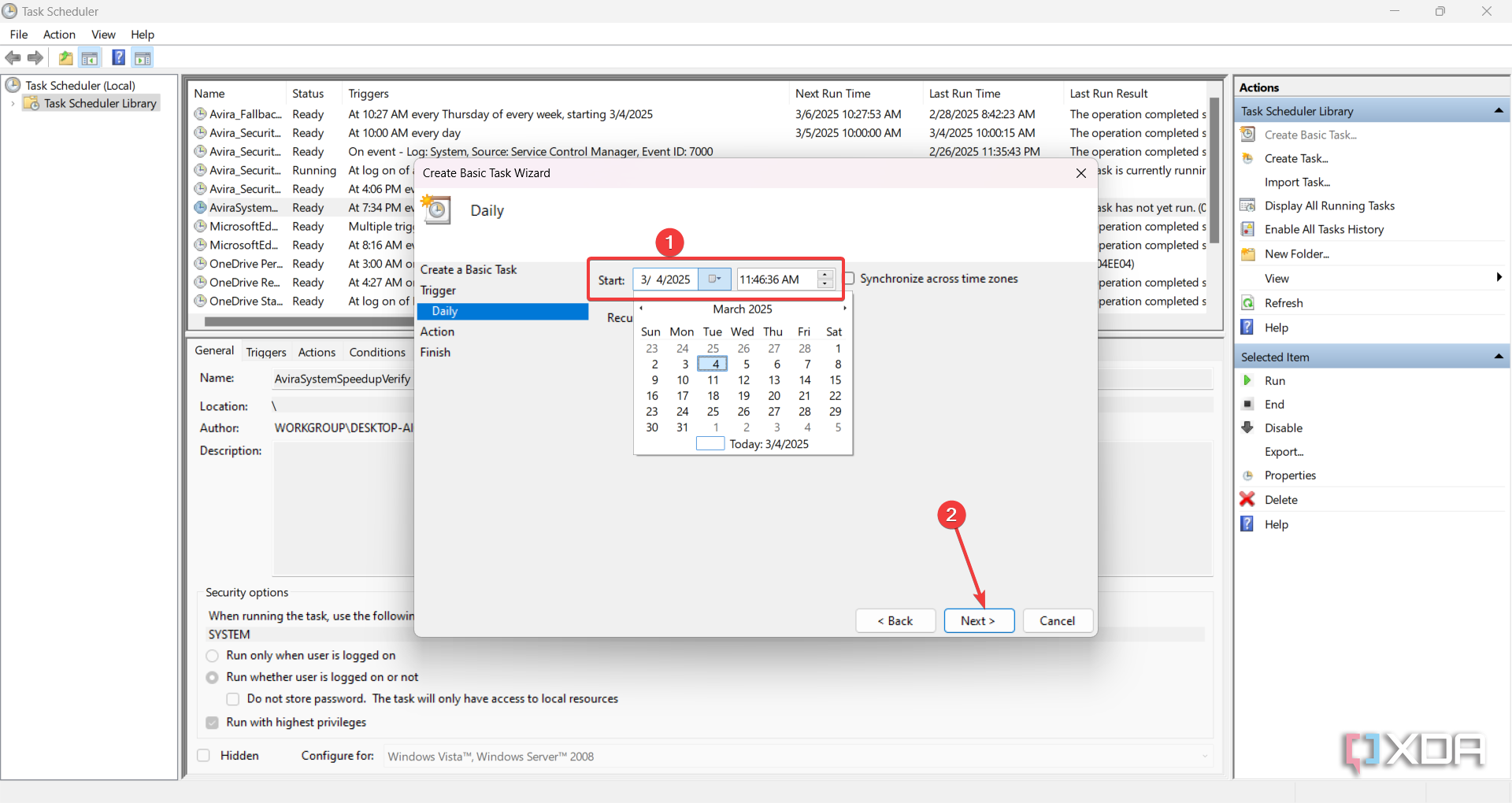 Setting a date and a time for your task in Task Scheduler