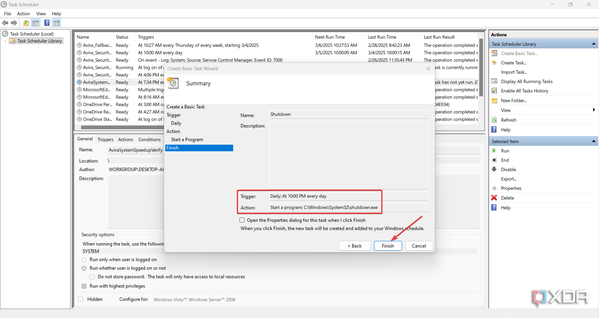 Finishing setting up the task in Task Scheduler