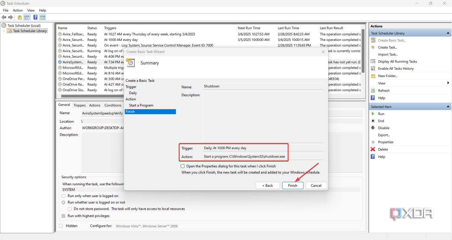 Finishing setting up the task in Task Scheduler