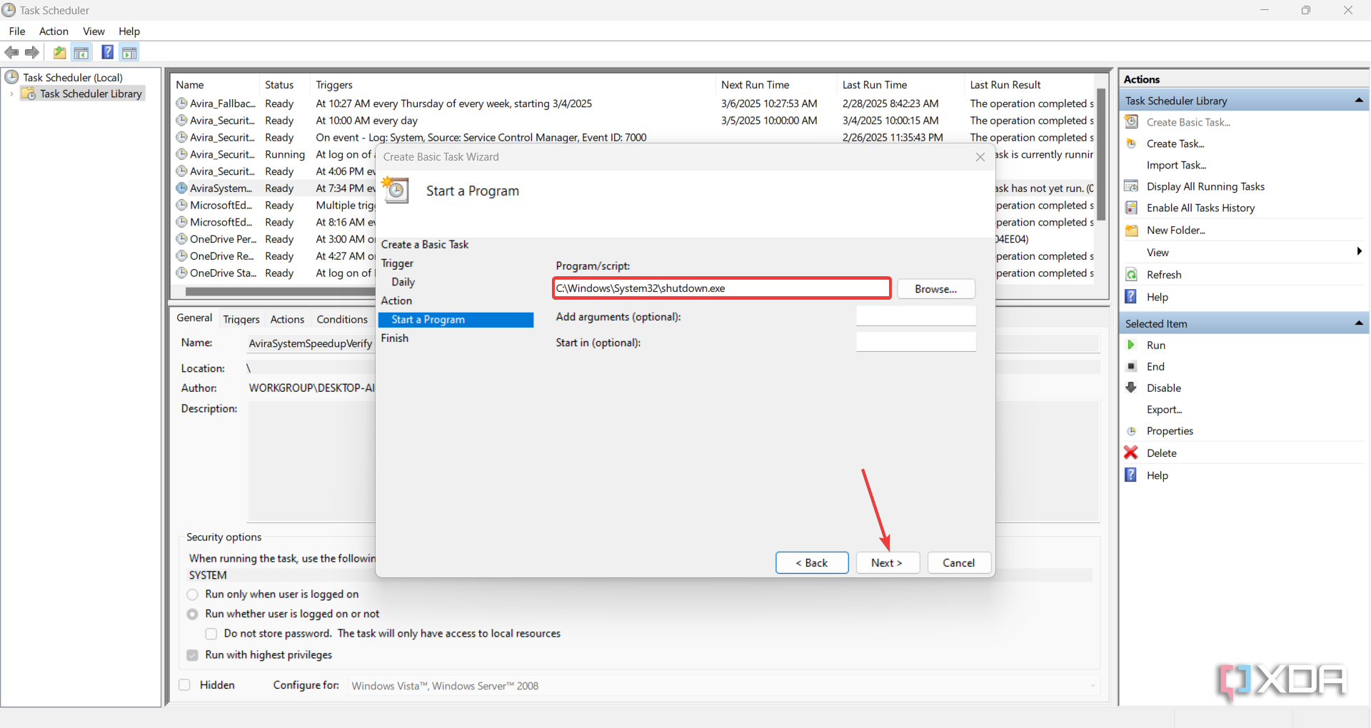 Entering the shutdown script in Task Scheduler