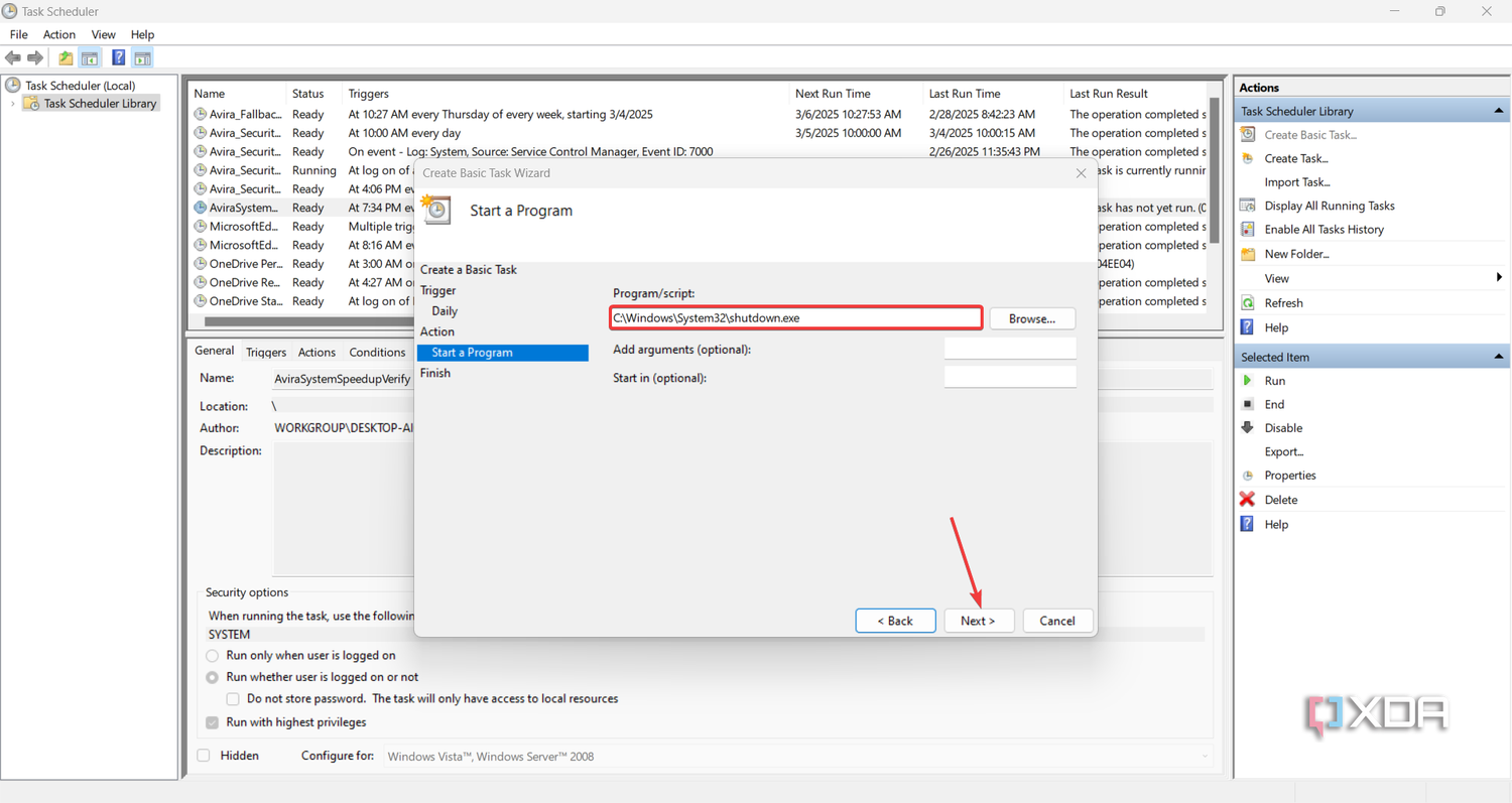 Entering the shutdown script in Task Scheduler