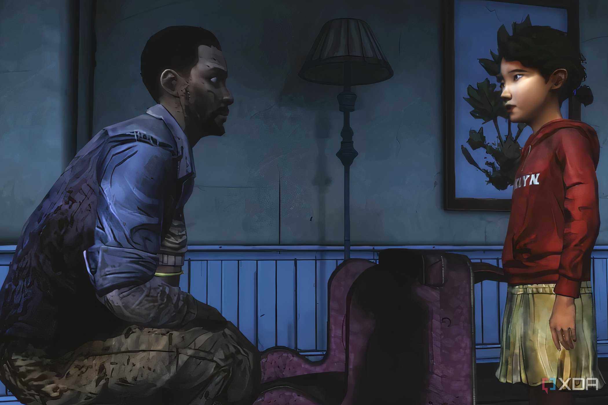 A screenshot from the game Telltale's The Walking Dead Season 1, showing a man and a child facing each other.