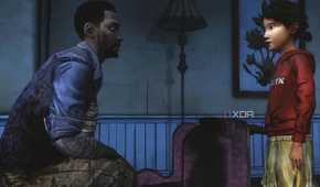 A screenshot from the game Telltale's The Walking Dead Season 1, showing a man and a child facing each other.