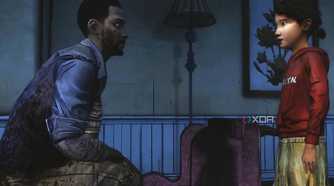 A screenshot from the game Telltale's The Walking Dead Season 1, showing a man and a child facing each other.