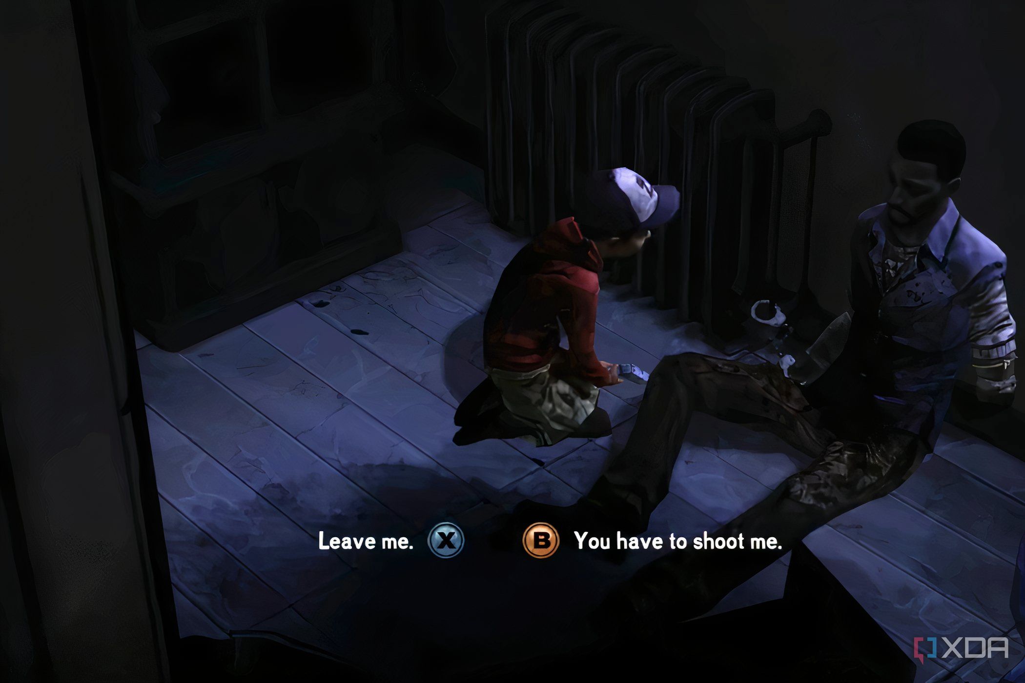 A screenshot from the game Telltale's The Walking Dead Season 1, showing the choice Lee has to make for Clementine at the end of Season 1.