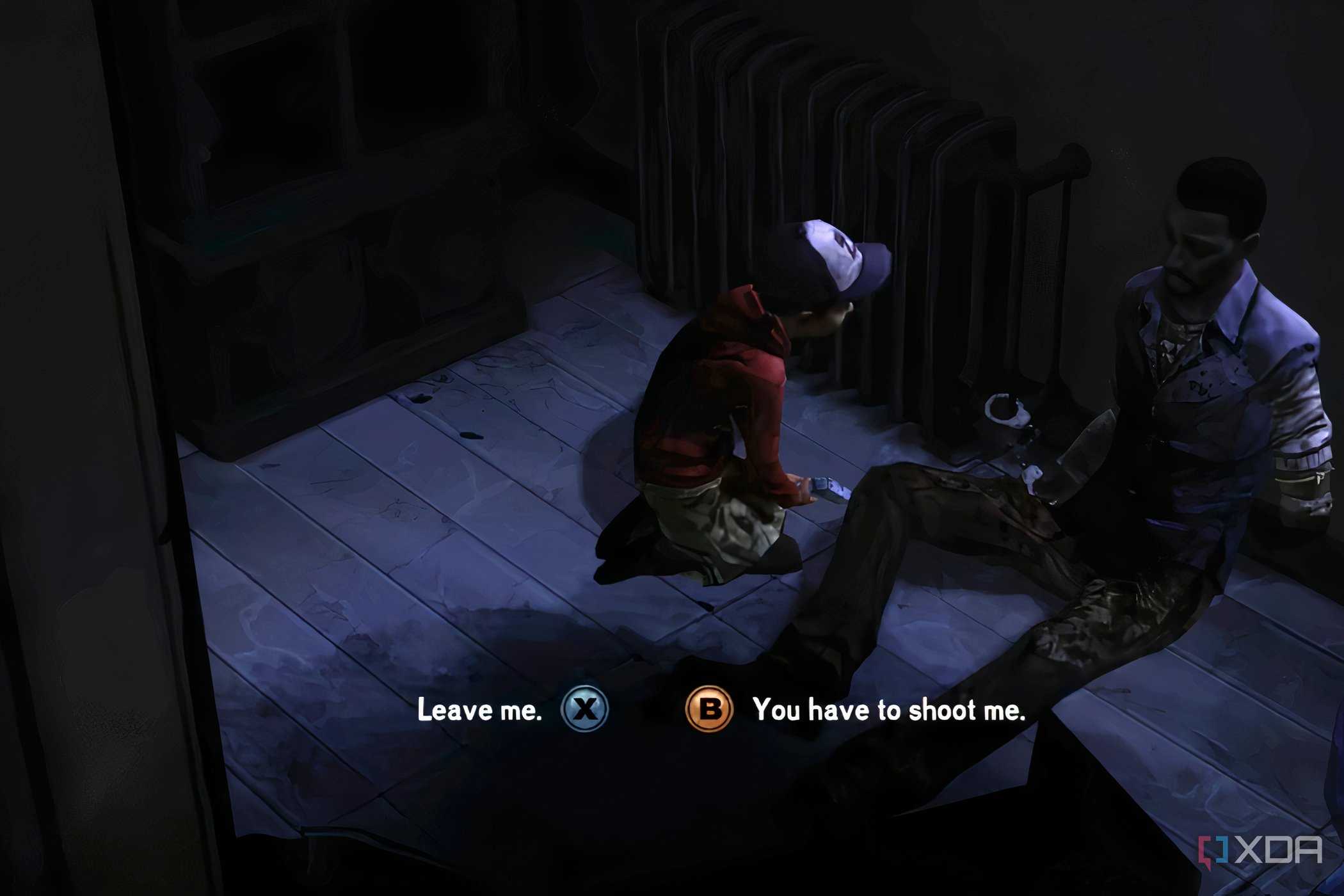 A screenshot from the game Telltale's The Walking Dead Season 1, showing the choice Lee has to make for Clementine at the end of Season 1.