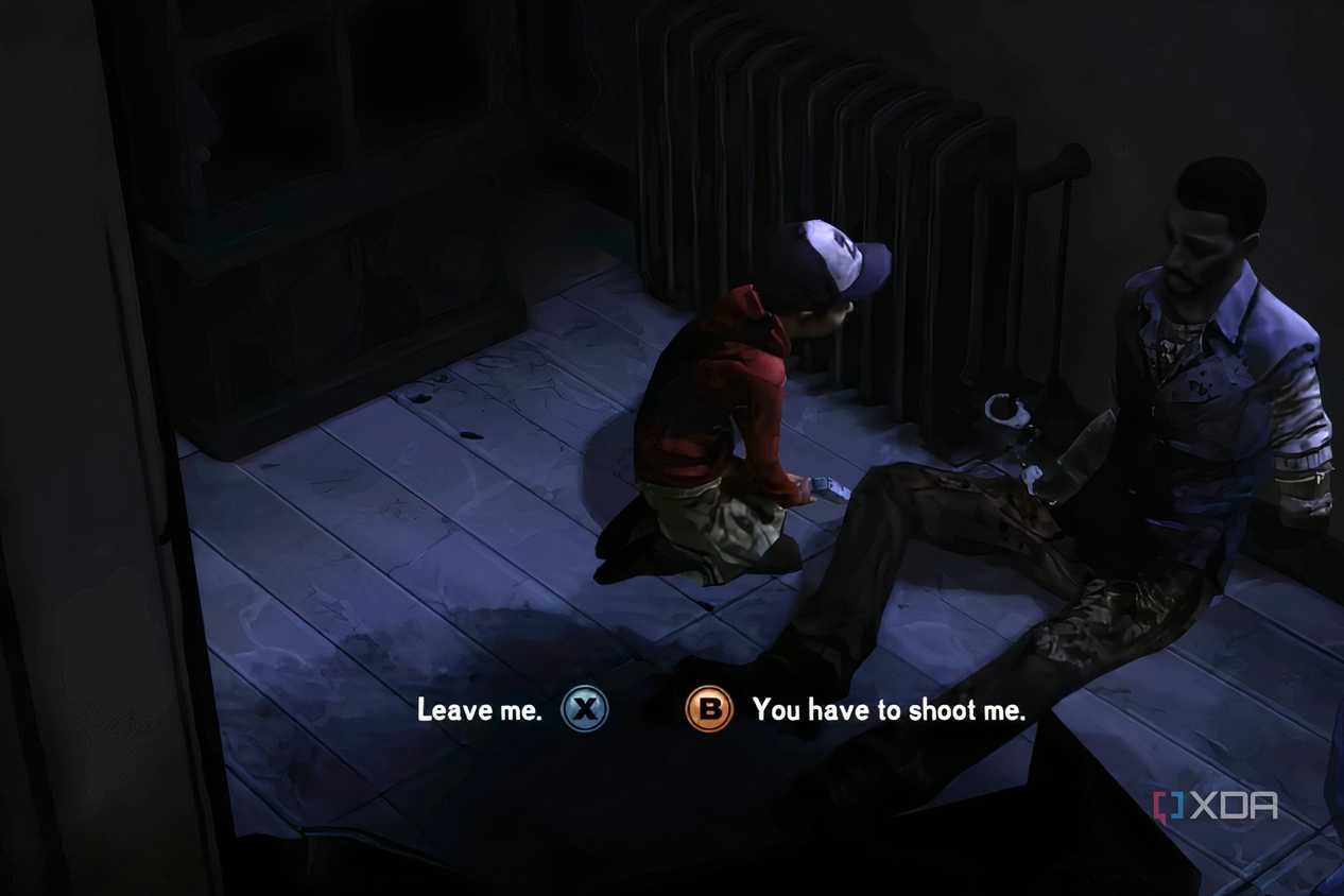 A screenshot from the game Telltale's The Walking Dead Season 1, showing the choice Lee has to make for Clementine at the end of Season 1.