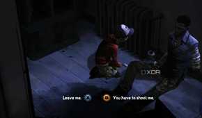 A screenshot from the game Telltale's The Walking Dead Season 1, showing the choice Lee has to make for Clementine at the end of Season 1.