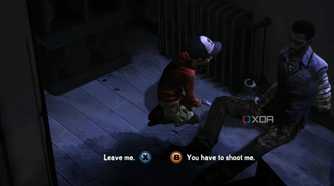 A screenshot from the game Telltale's The Walking Dead Season 1, showing the choice Lee has to make for Clementine at the end of Season 1.