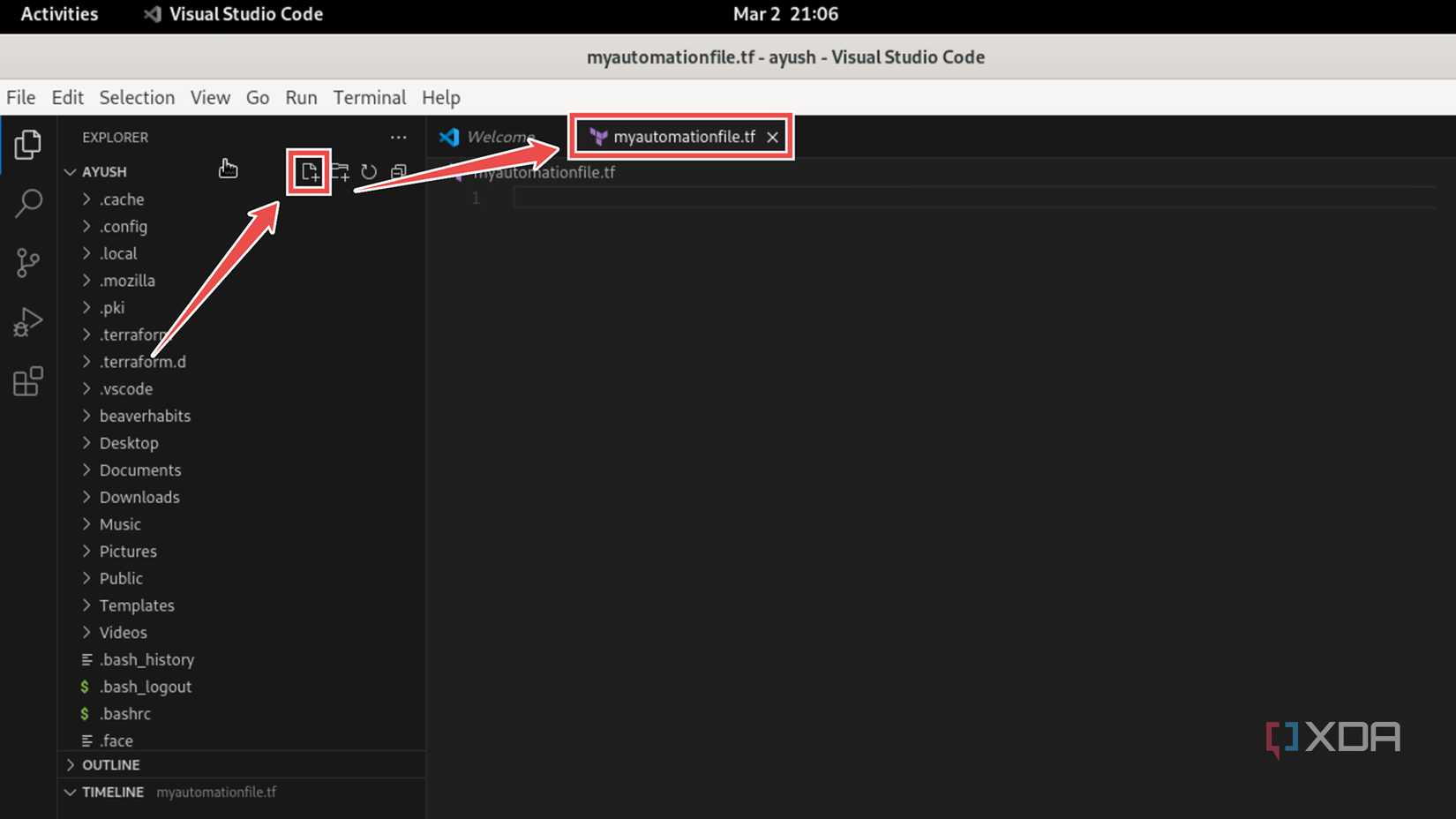 Creating a new file in VS Code