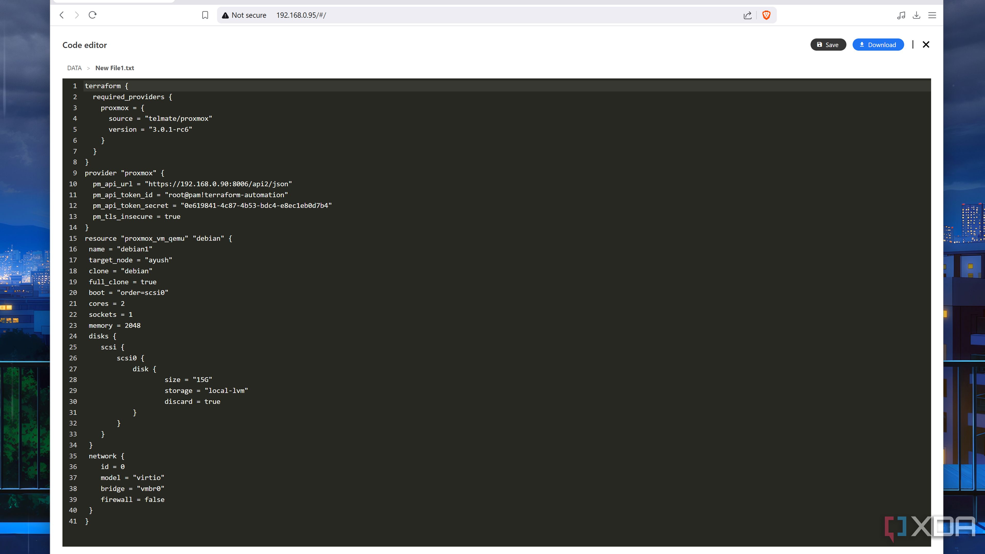 The Terraform config file for provisioning a new VM