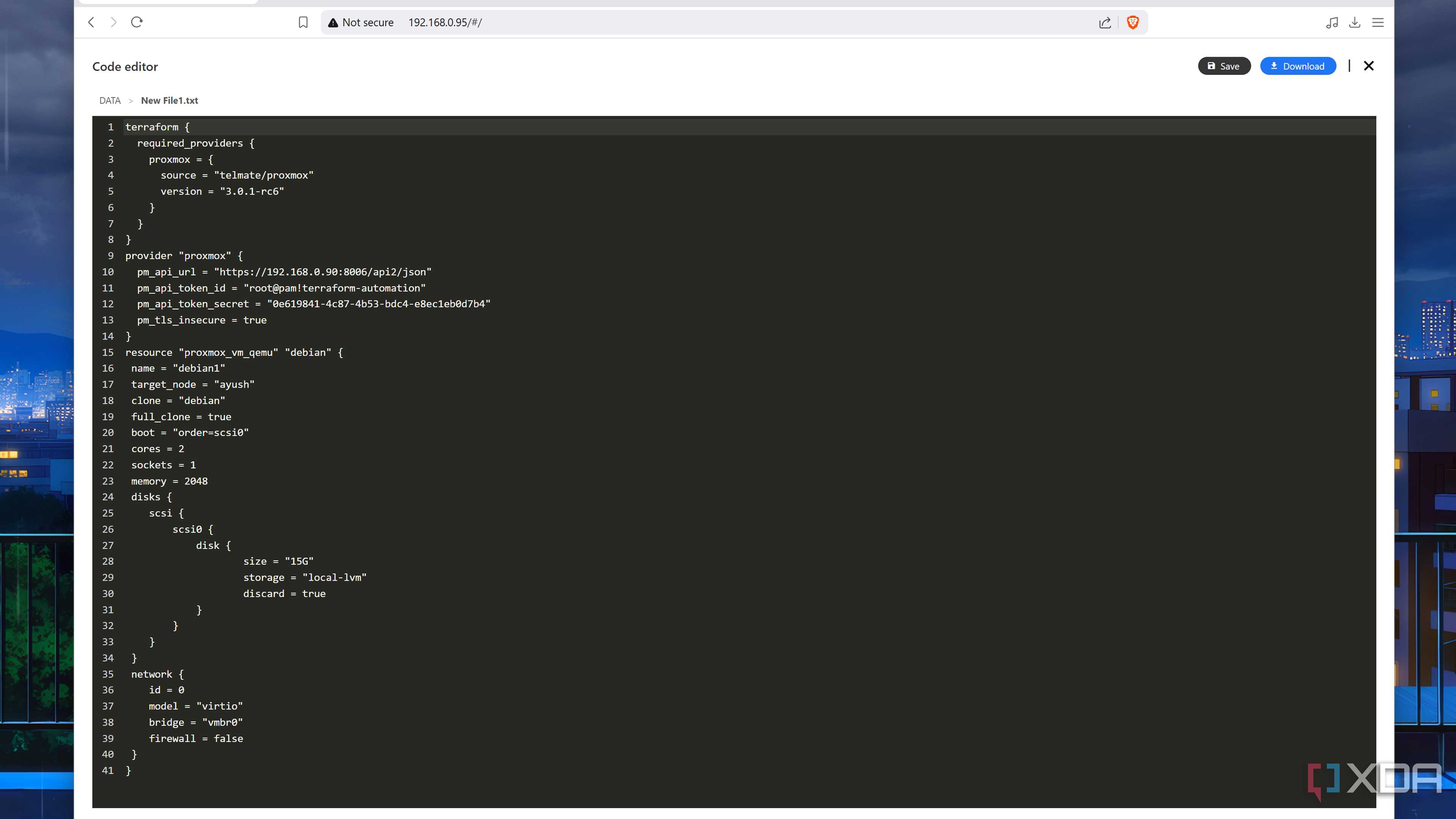 The Terraform config file for provisioning a new VM