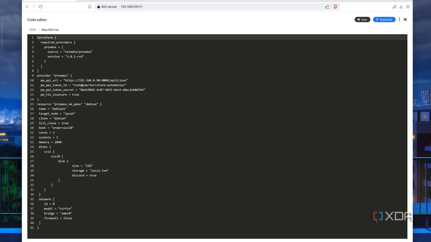 The Terraform config file for provisioning a new VM