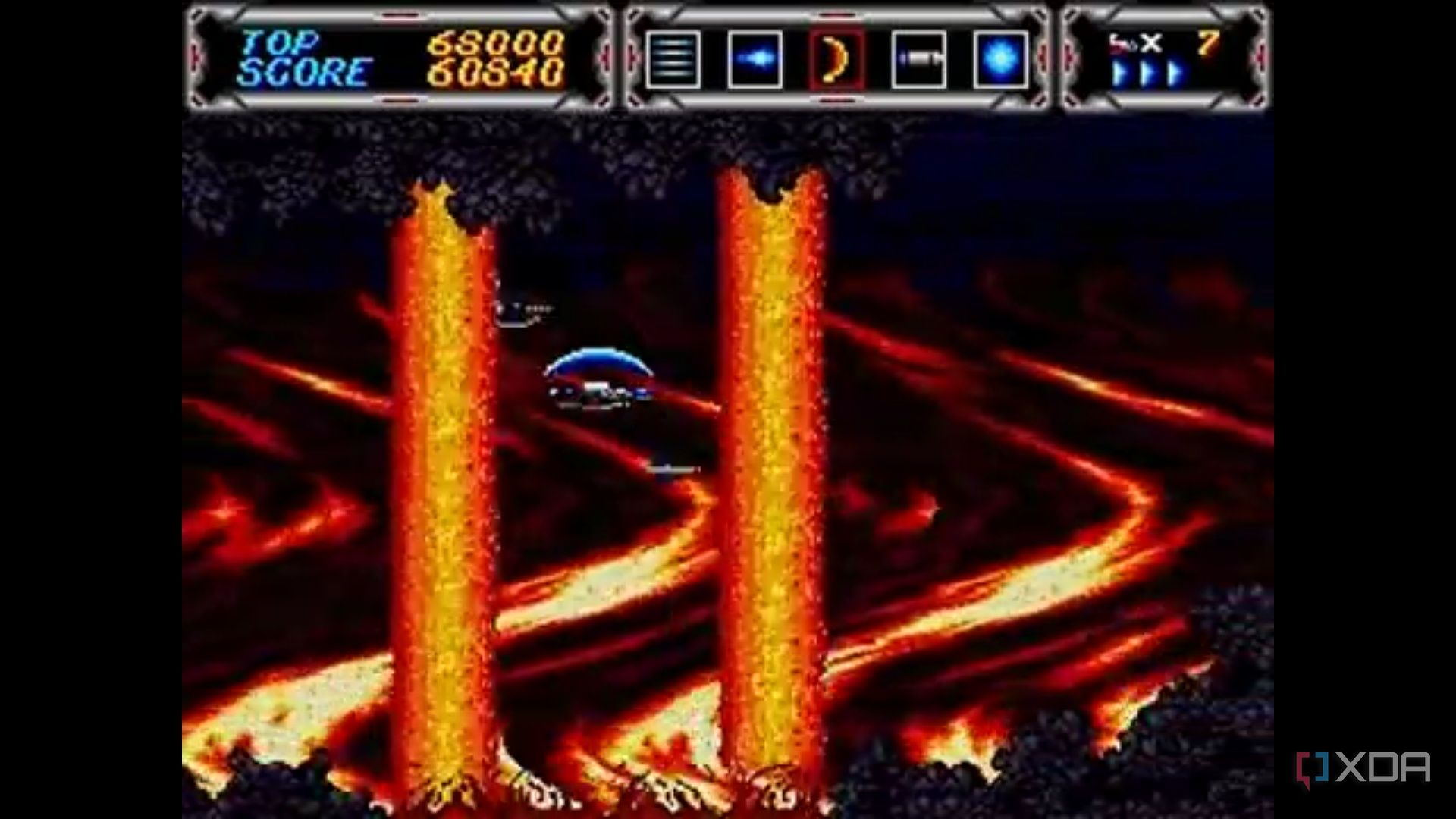 Rivers of magma are fired at a spaceship.