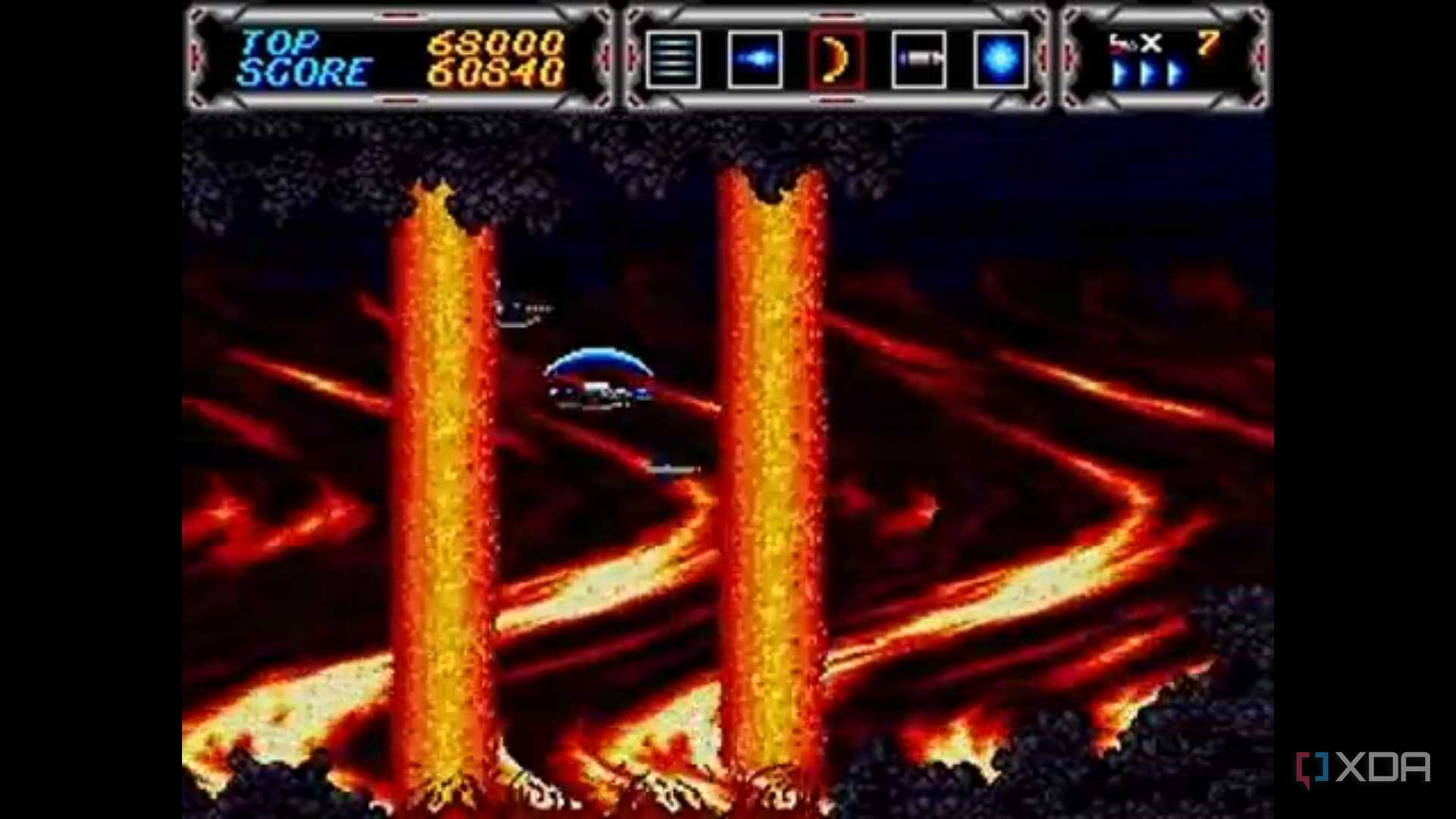 Rivers of magma are fired at a spaceship.
