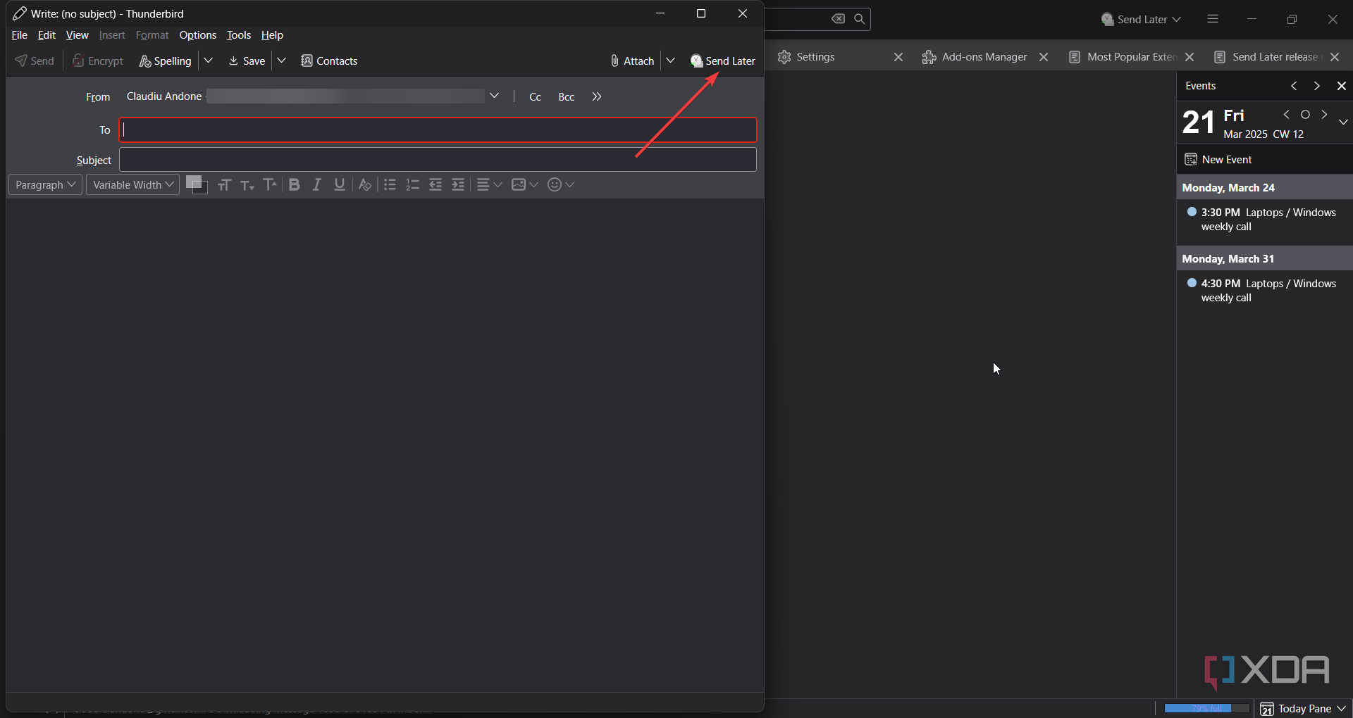 Send later add on in Thunderbird