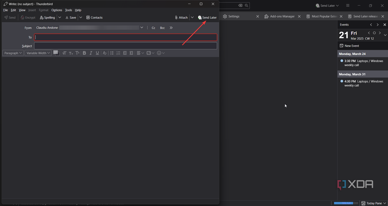 Send later add on in Thunderbird