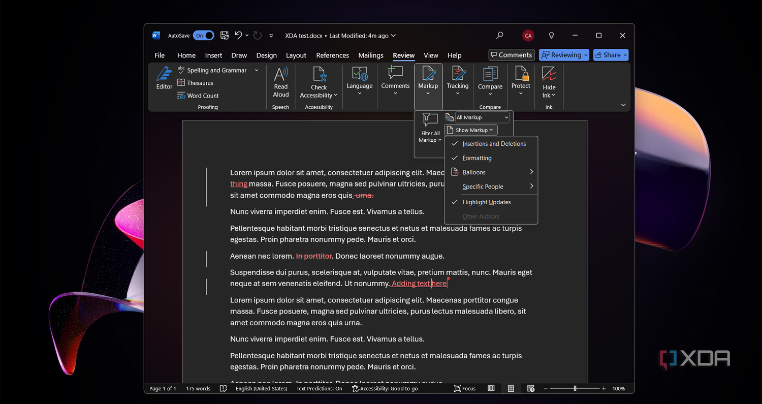 Instructions for tracking individual markups in Word