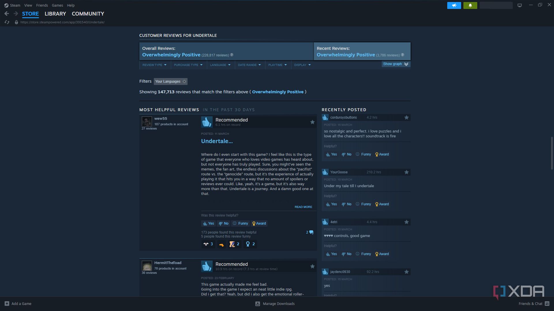 Undertale's Steam reviews