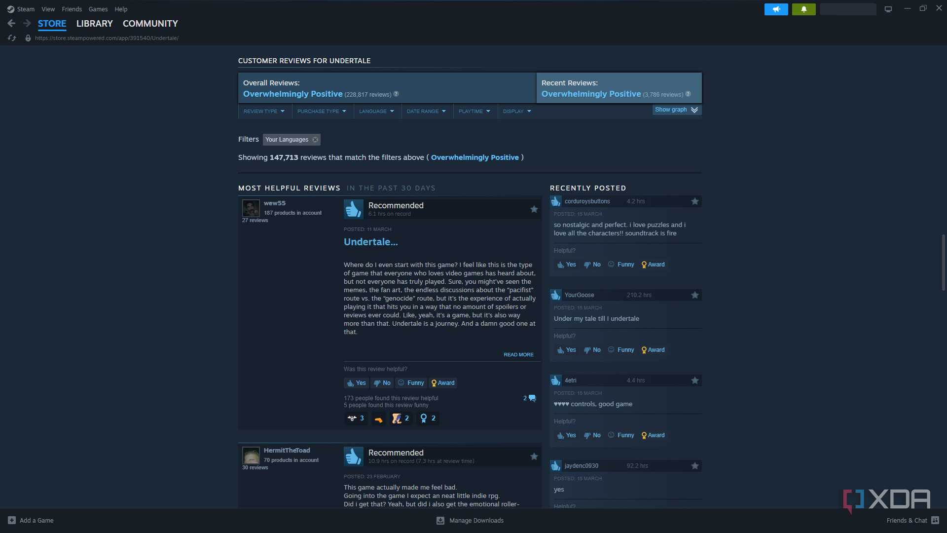 Undertale's Steam reviews