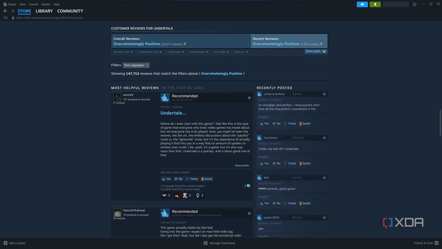 Undertale's Steam reviews