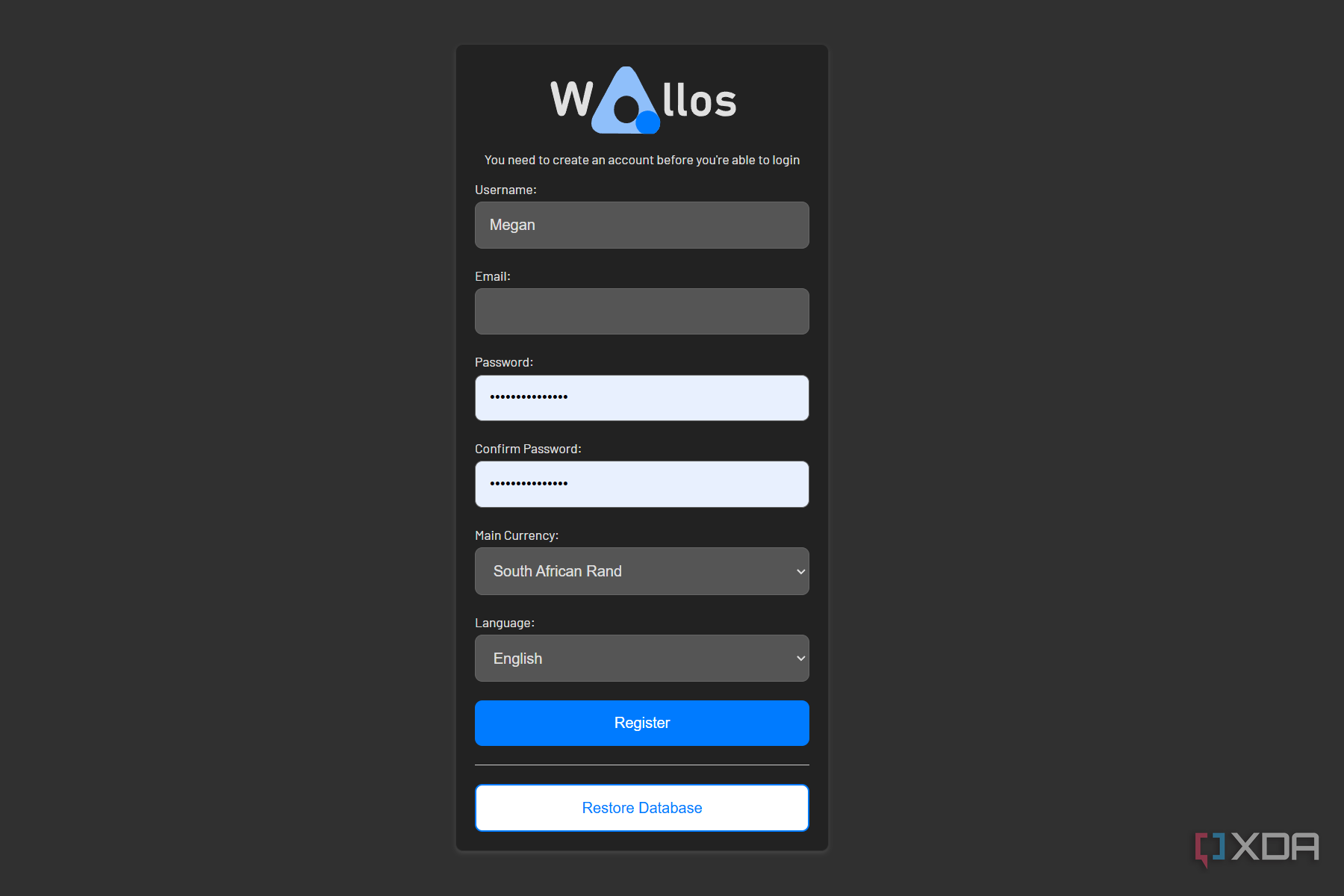 wallos registration page