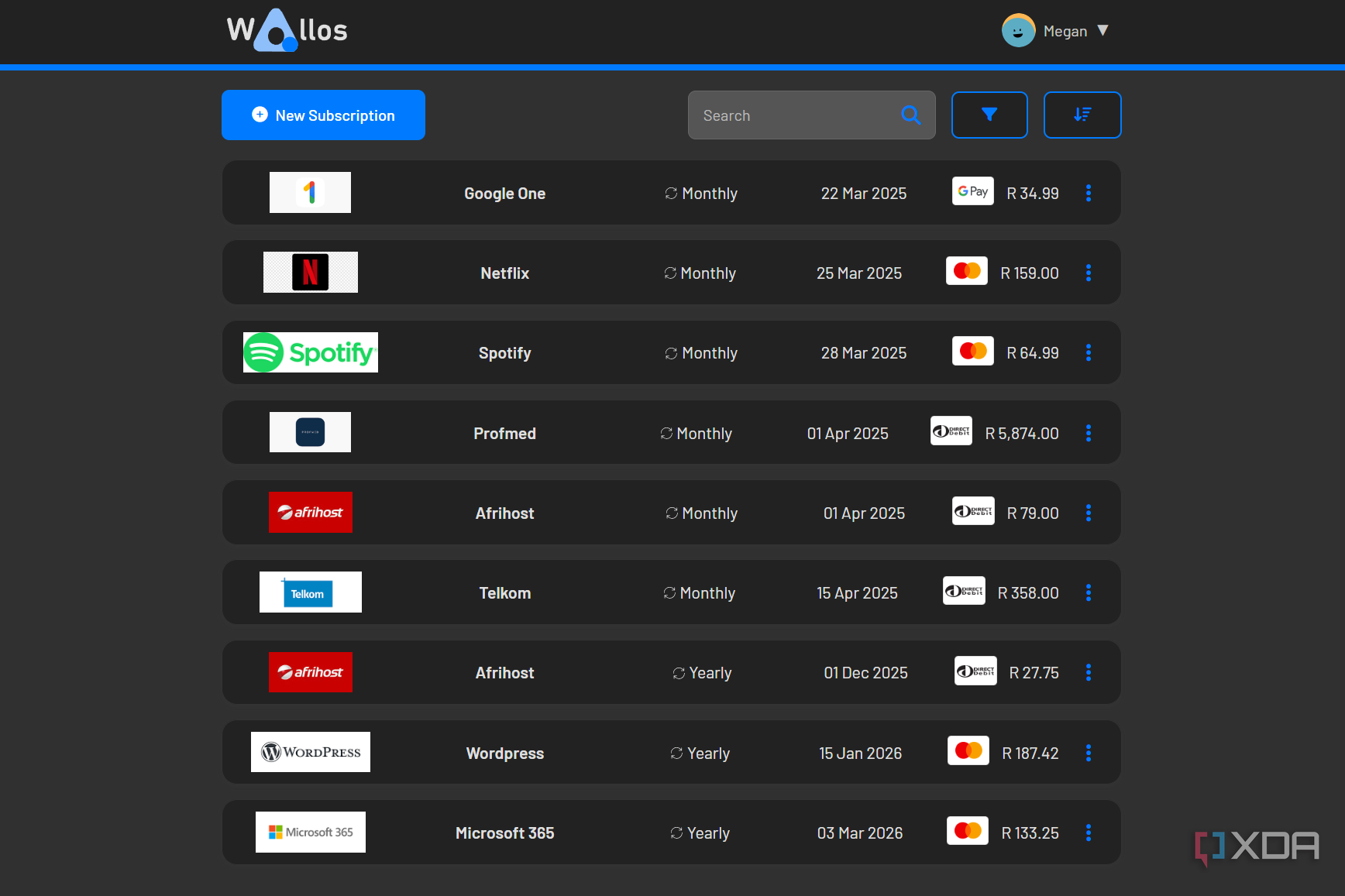 wallos with list of subscriptions