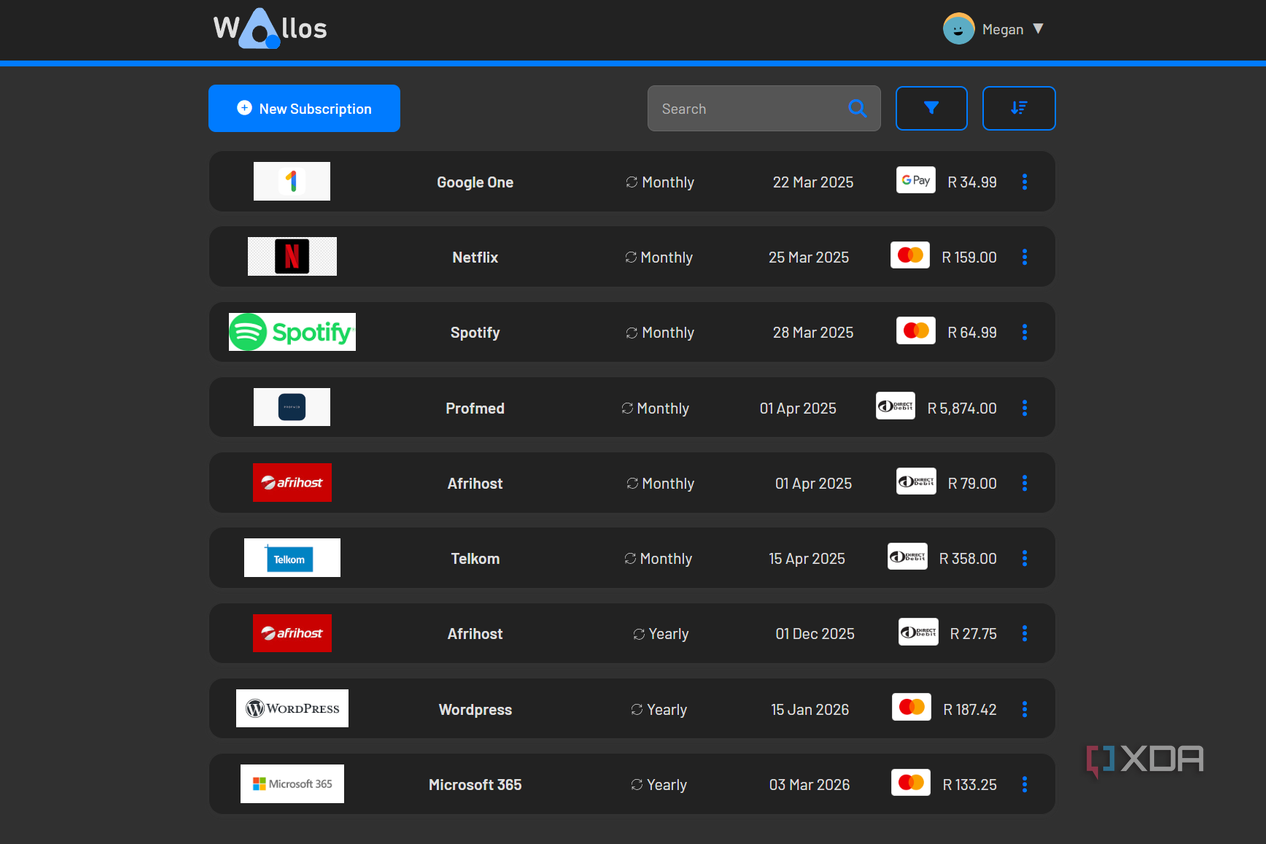 wallos with list of subscriptions