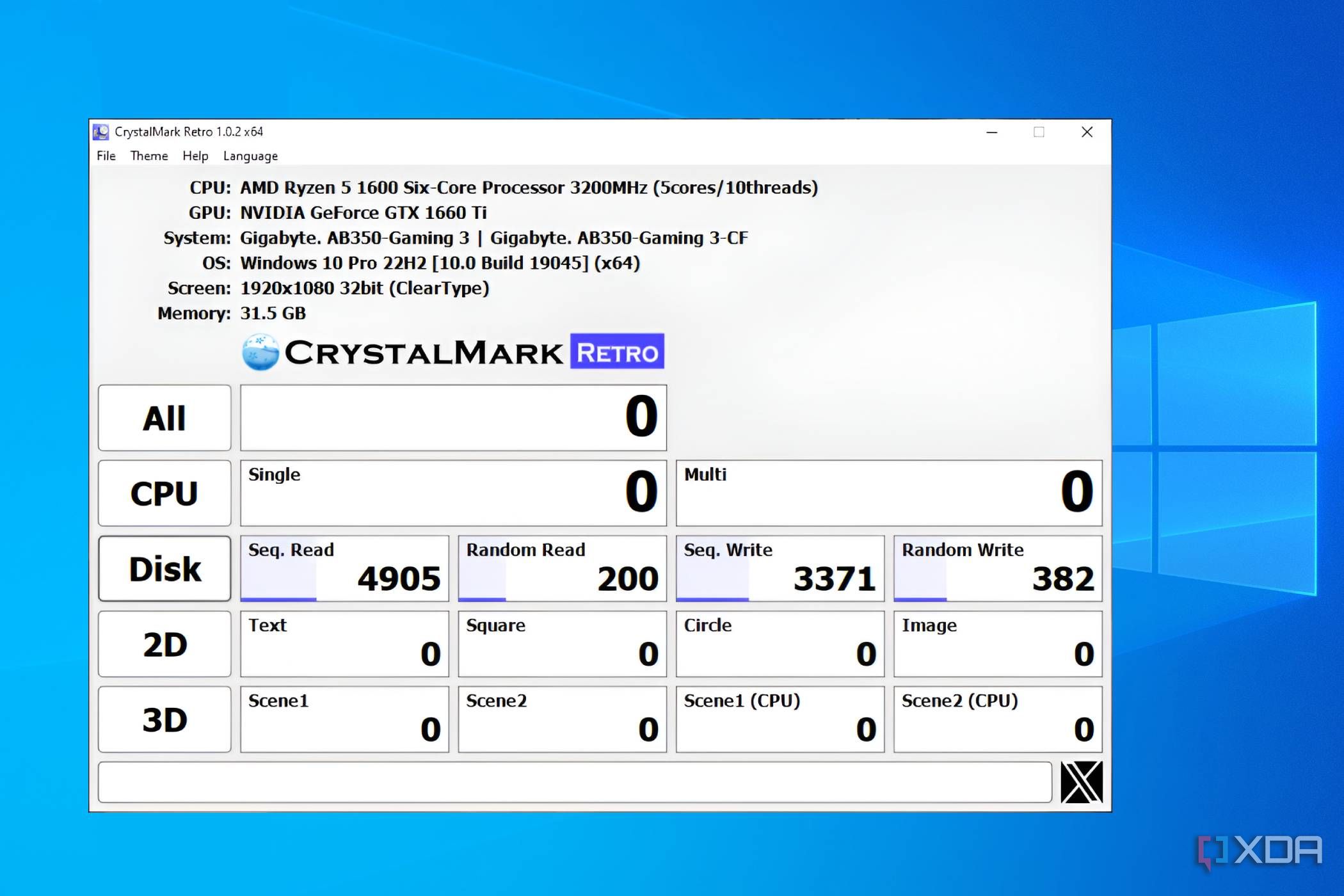 Crystal Disk Mark score for a WD Green SATA SSD ith a 256GB storage capacity