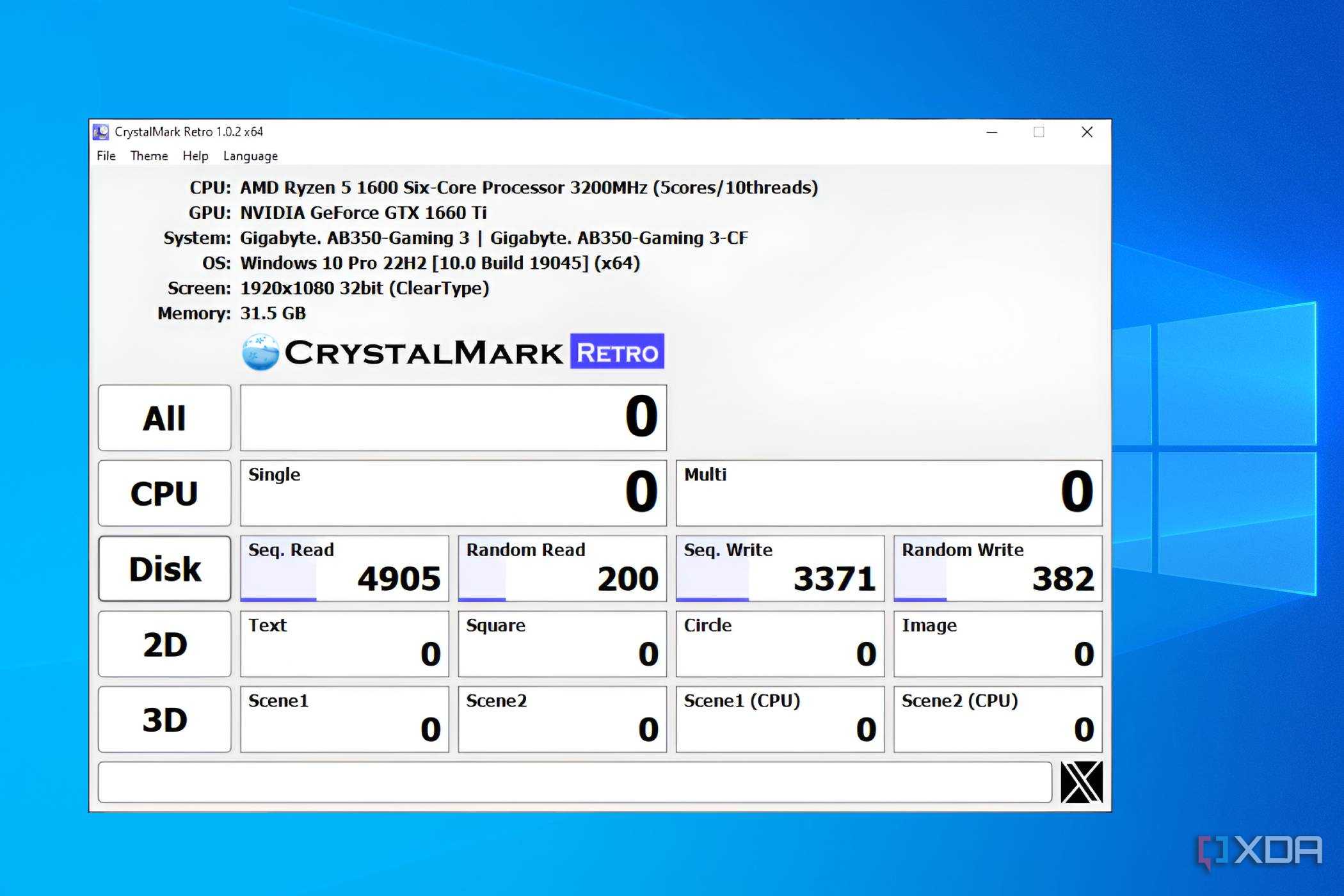Crystal Disk Mark score for a WD Green SATA SSD ith a 256GB storage capacity