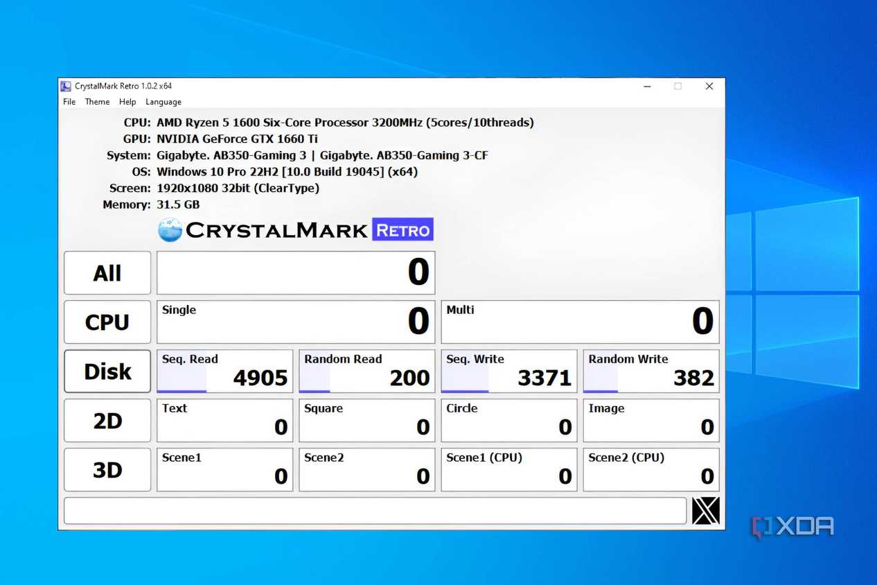 Crystal Disk Mark score for a WD Green SATA SSD ith a 256GB storage capacity