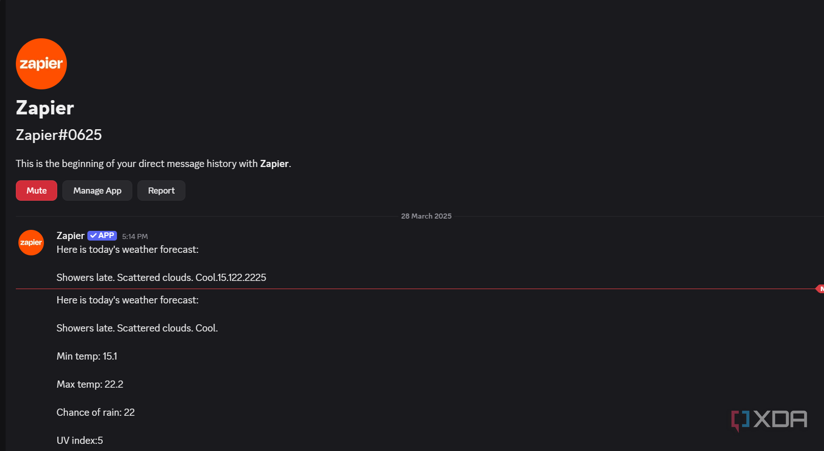 weather forecast message from zapier bot on discord