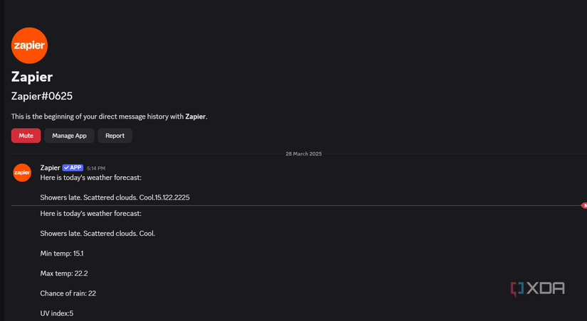 weather forecast message from zapier bot on discord