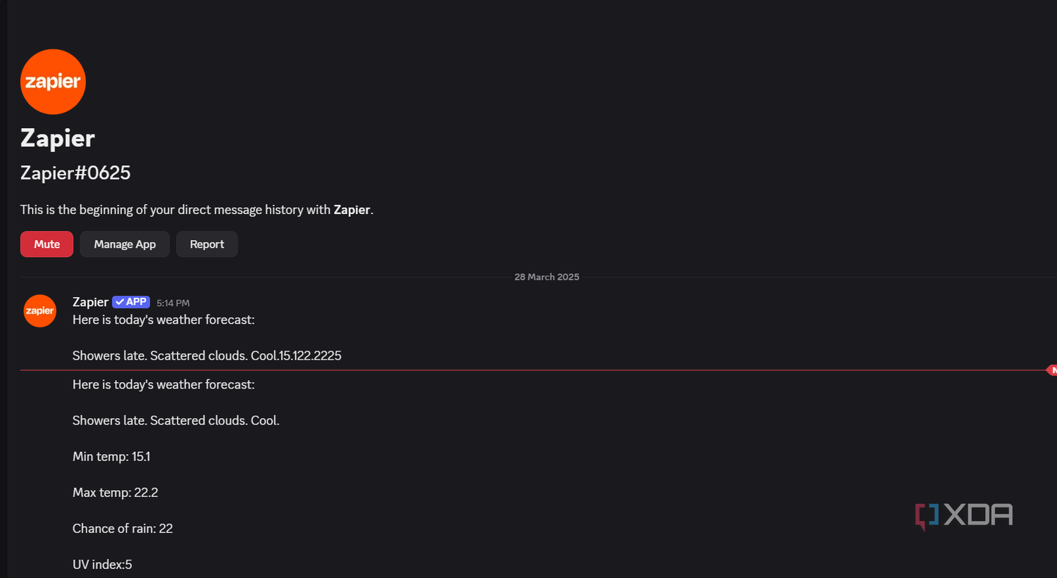 weather forecast message from zapier bot on discord