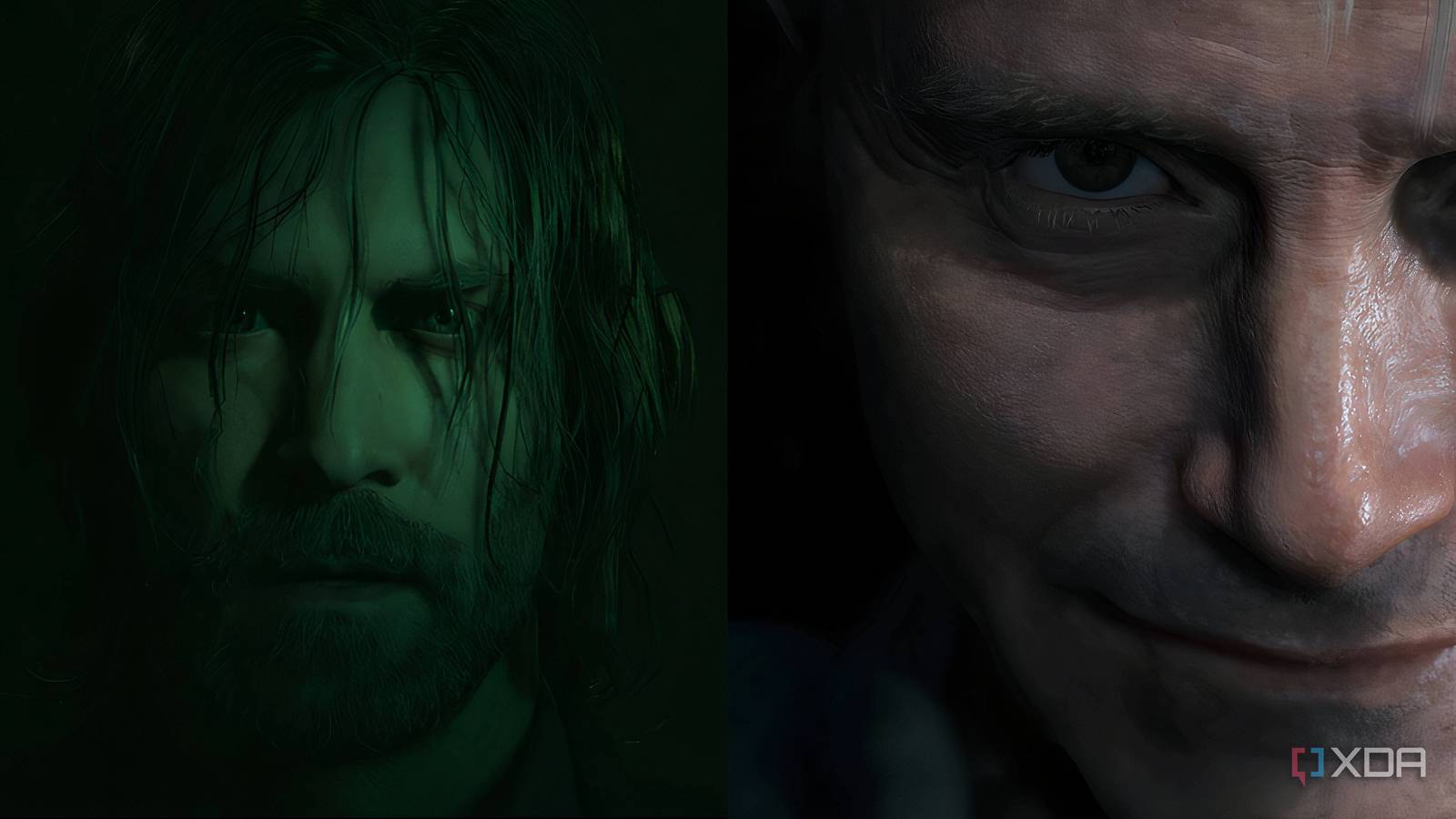 A collage of two video game characters' faces on either side of the image.