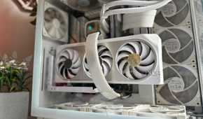 A white gaming PC with a white GPU in focus