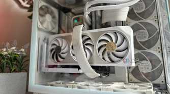 A white gaming PC with a white GPU in focus