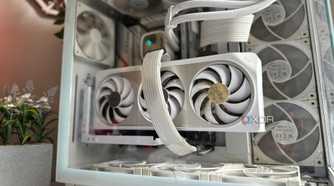 A white themed gaming PC with a white GPU in focus on a desk