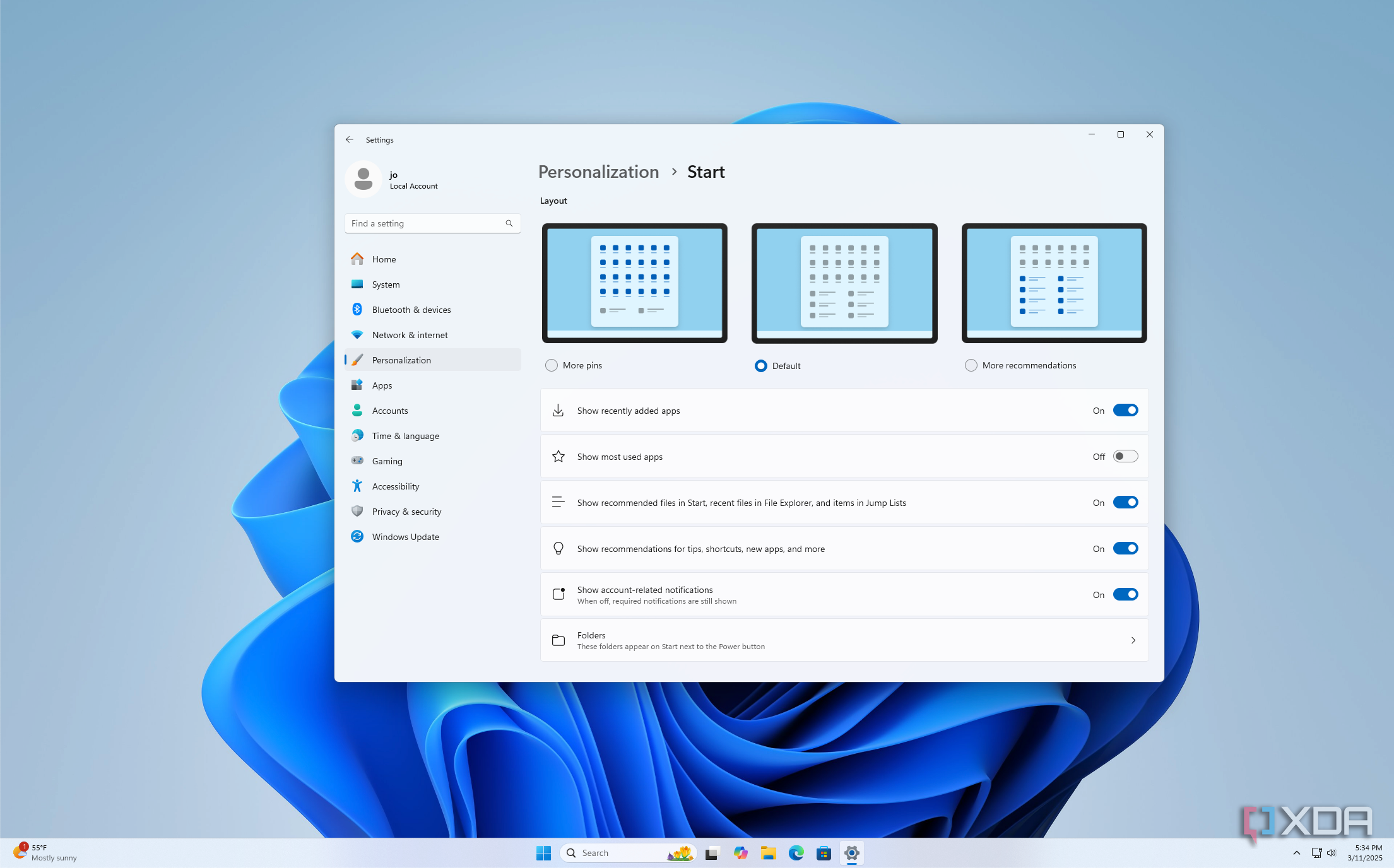Screenshot of the Start personalization page in the Windows 11 Settings app