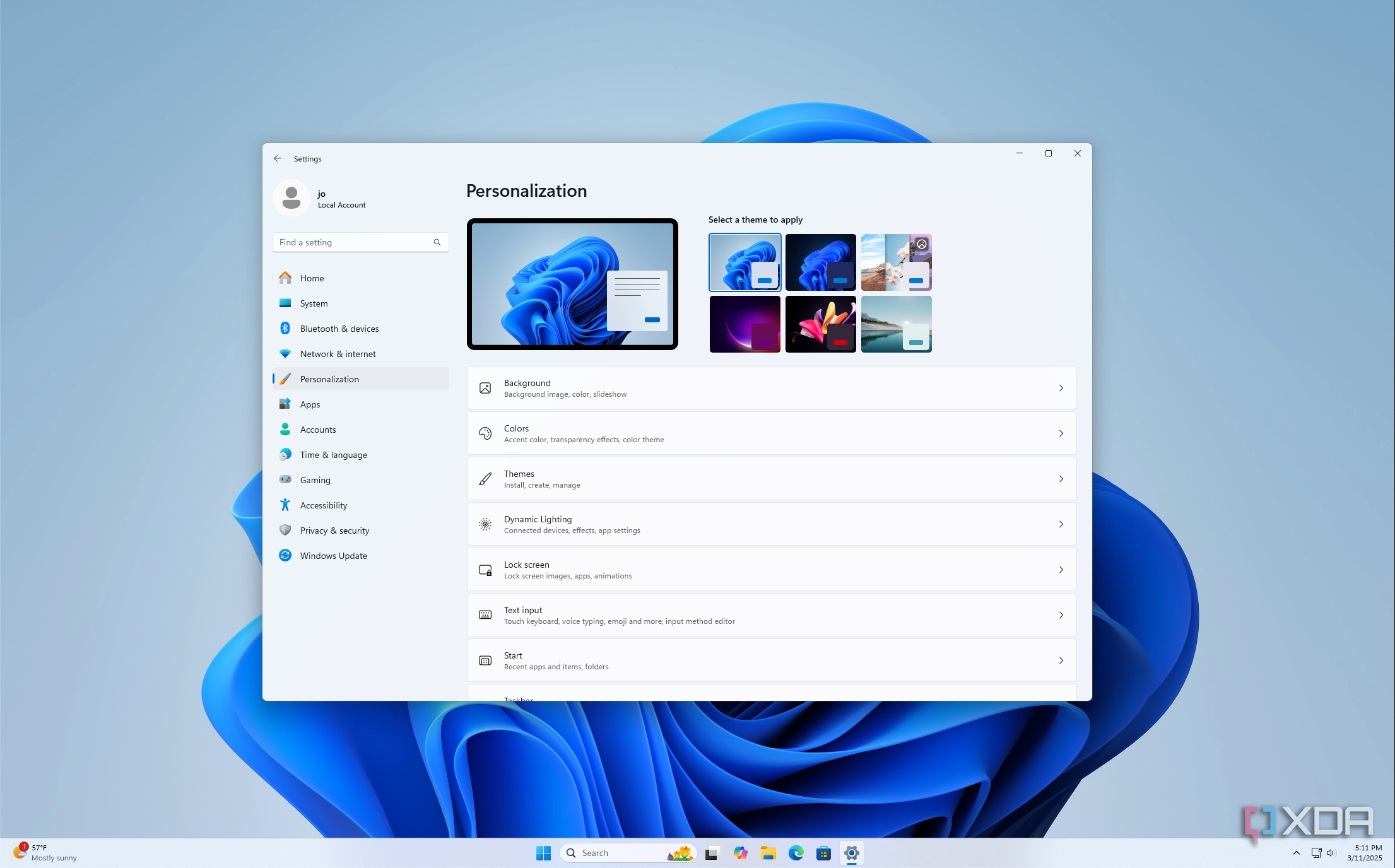 Screenshot of the personalization page in the Windows 11 Settings app