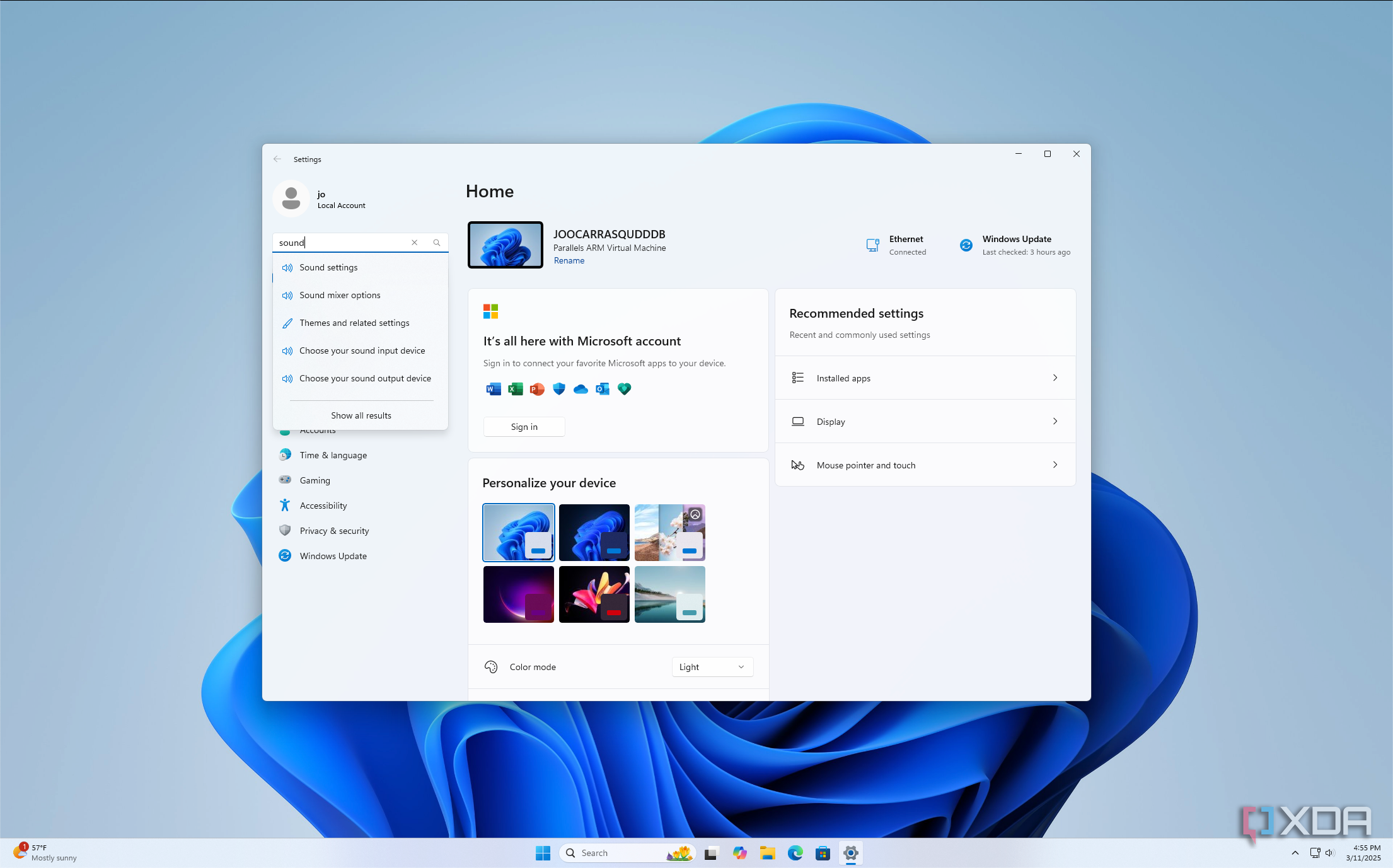 Screenshot of the Windows 11 Settings home page with search results shown for sound