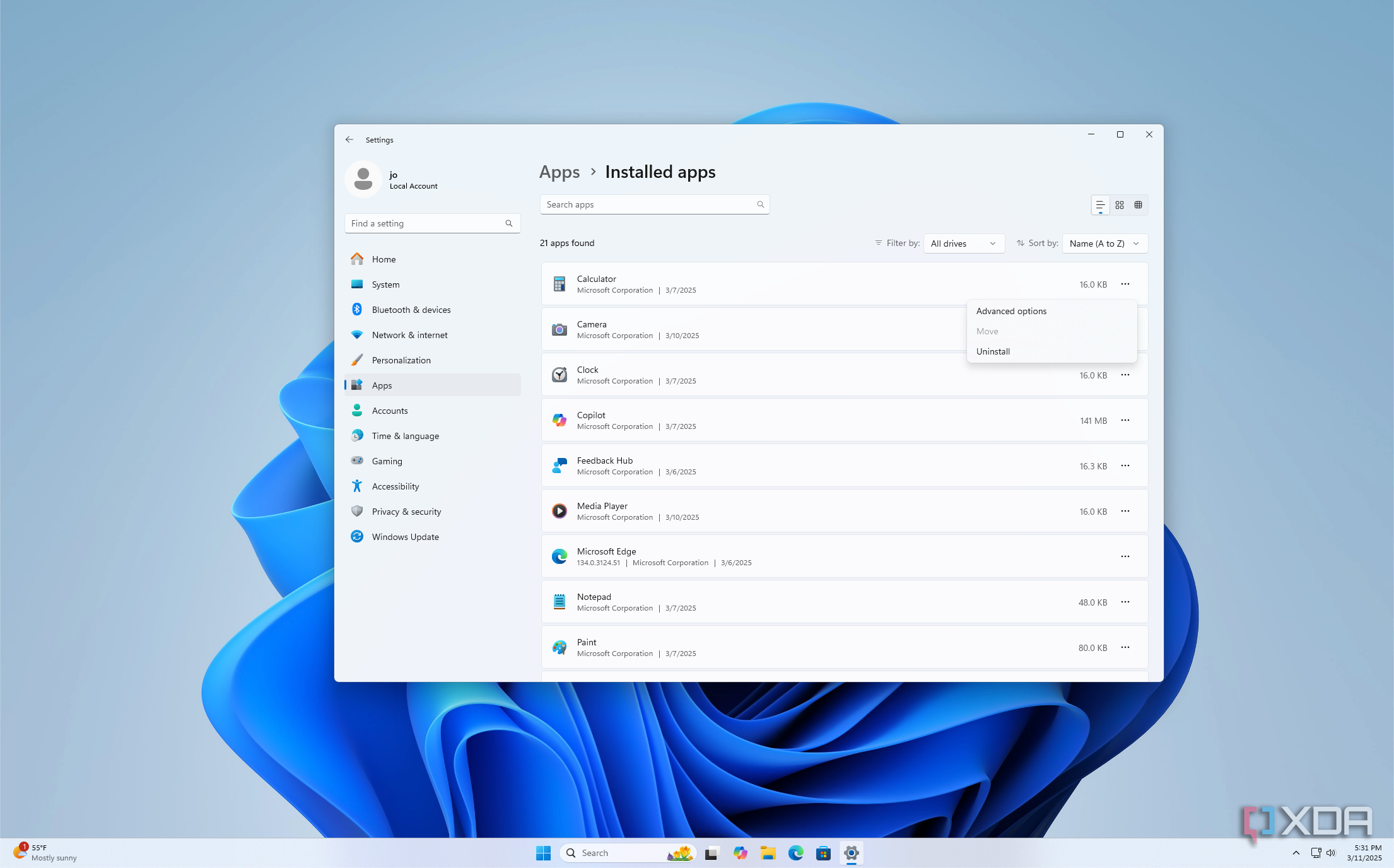Screenshot of the installed apps list in the Windows 11 Settings app