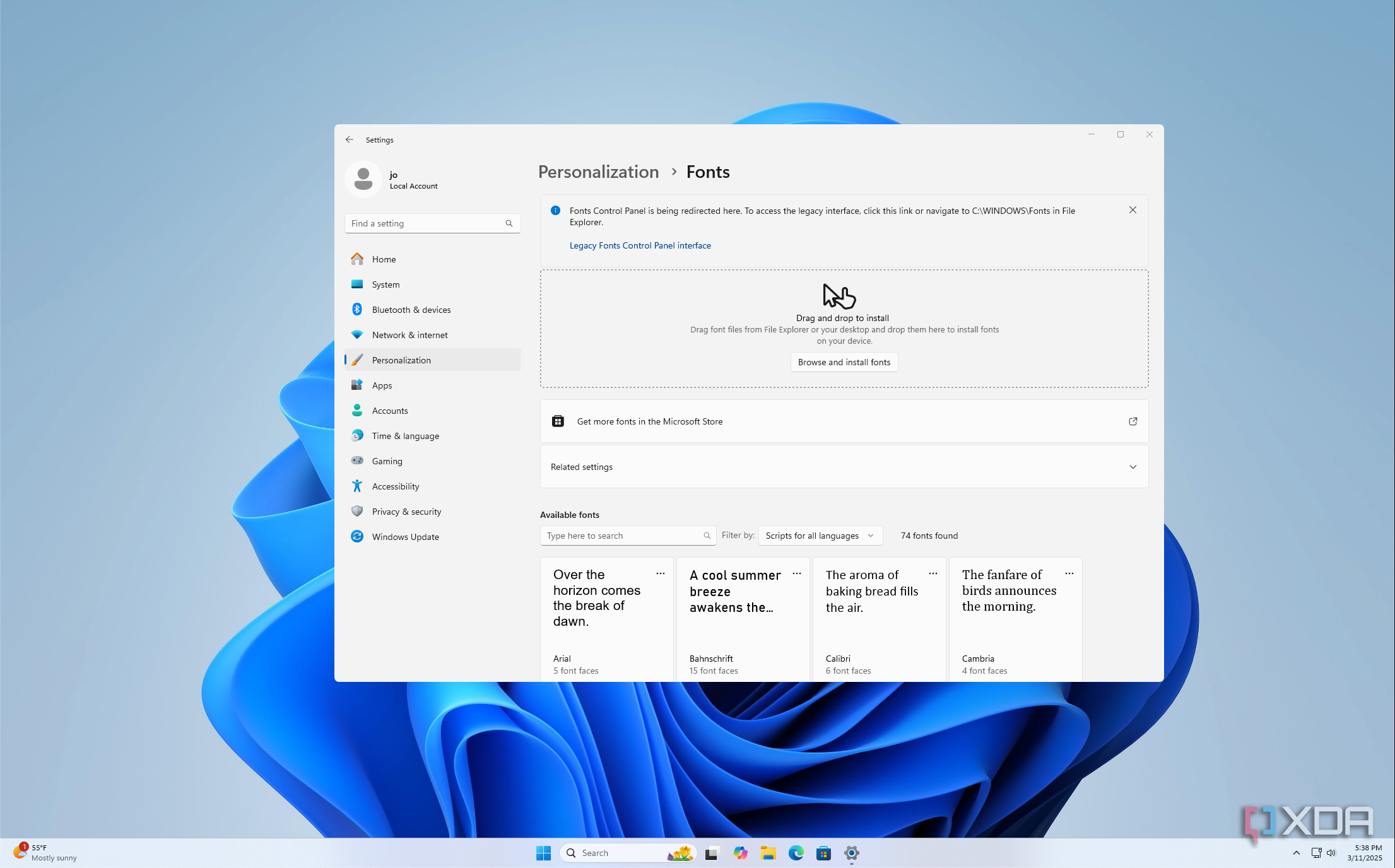 Screenshot of the font management page in Windows 11 Settings