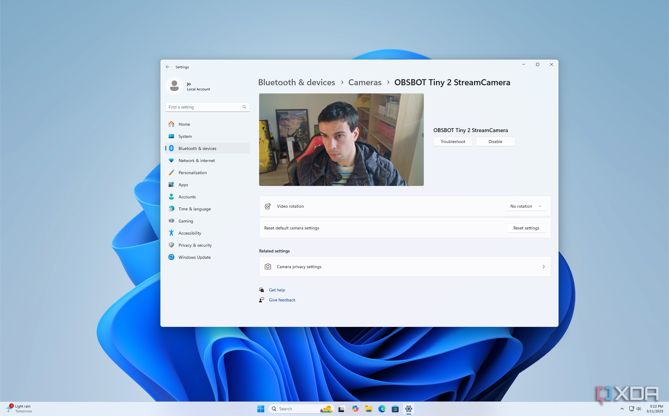 Screenshot of the webcam settings page in the Windows 11 Settings app