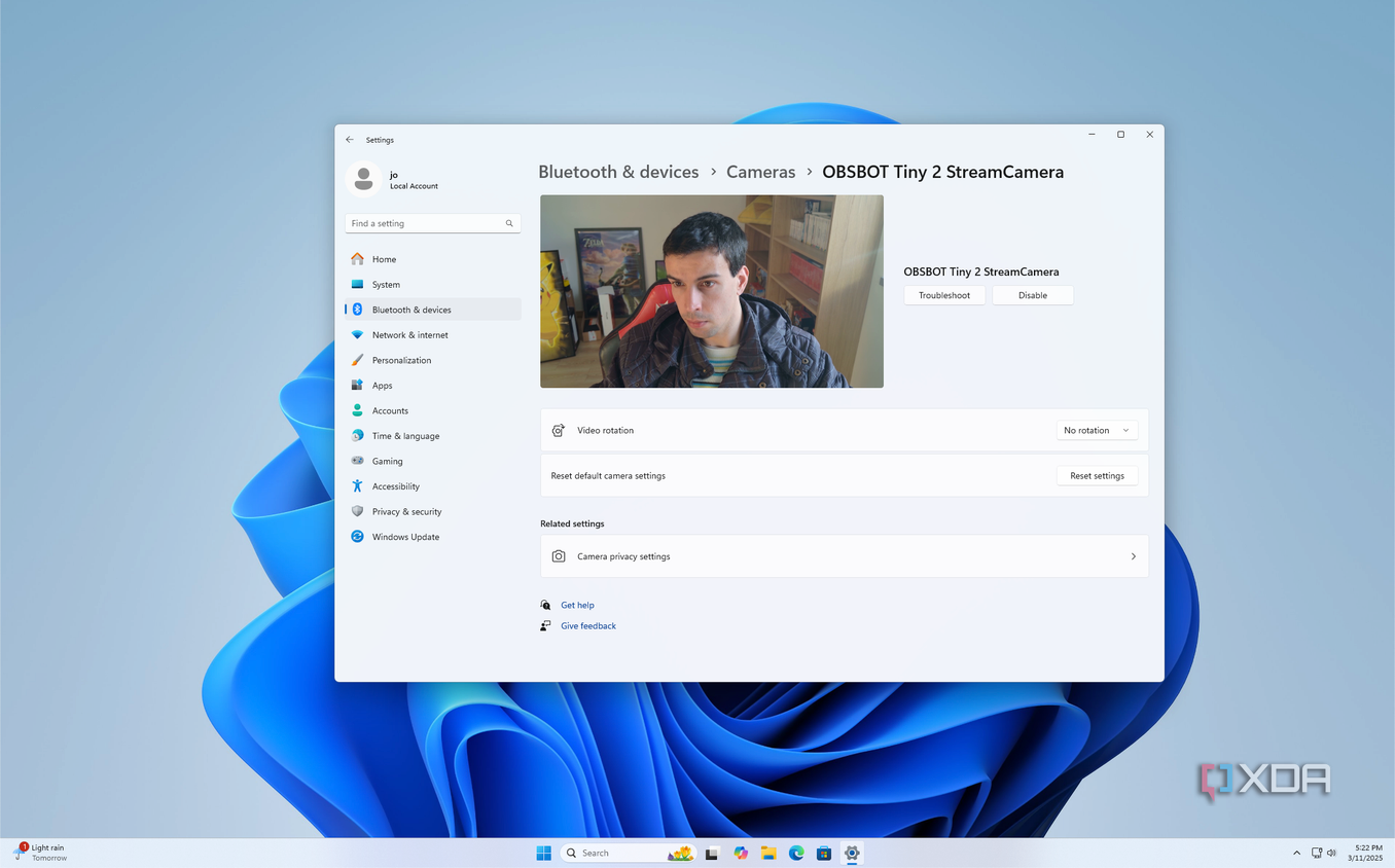 Screenshot of the webcam settings page in the Windows 11 Settings app