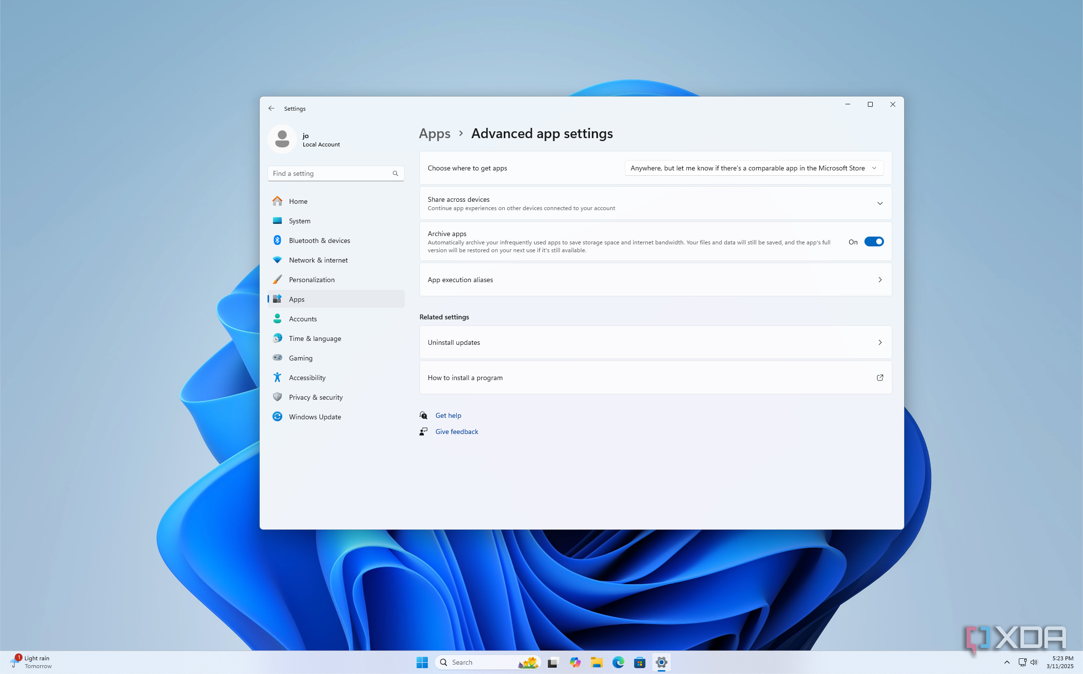 Screenshot of the advanced app settings page in the Windows 11 Settings app