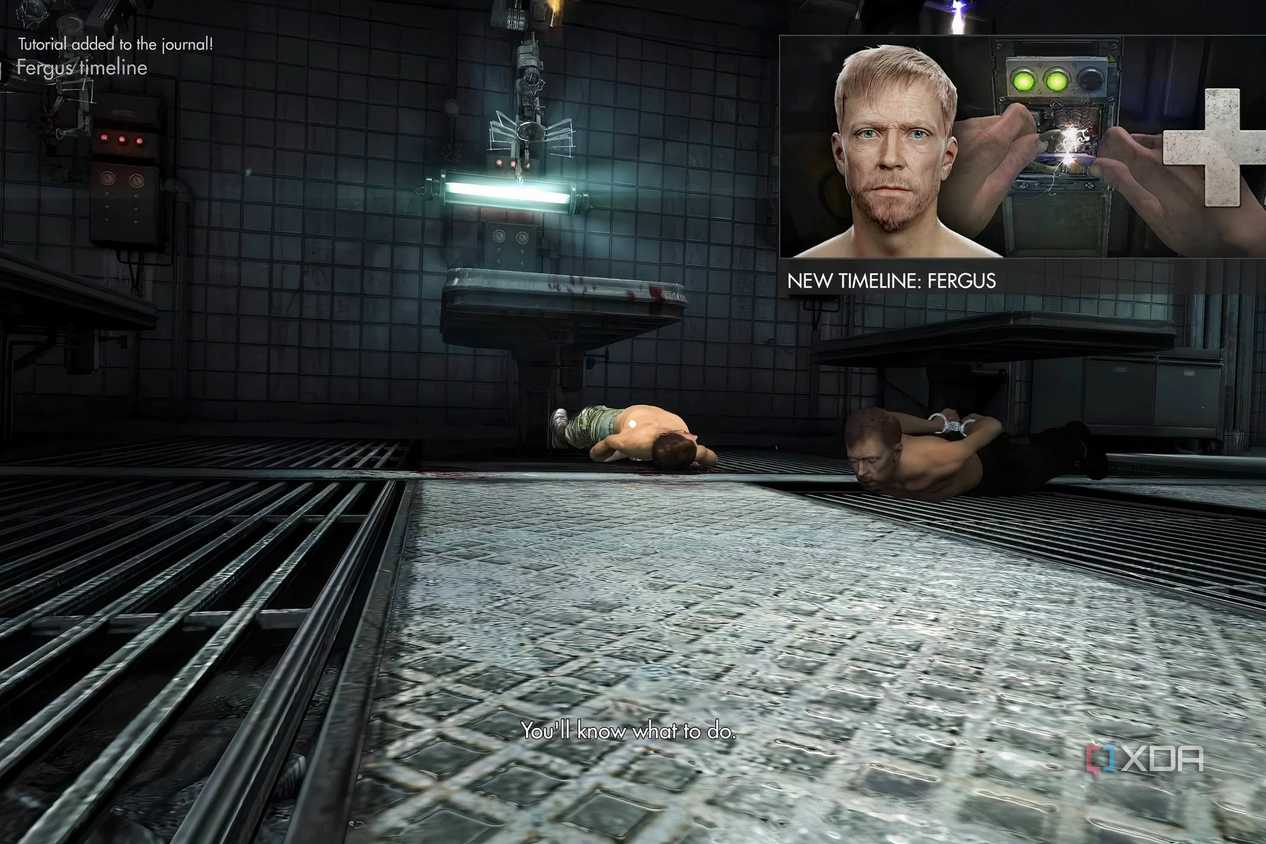 A screenshot from the game Wolfenstein: The New Order, showing the player choosing to save Fergus over Wyatt.